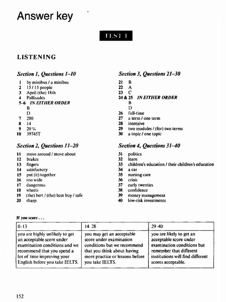 Phần answer key trong Cambridge IELTS 5