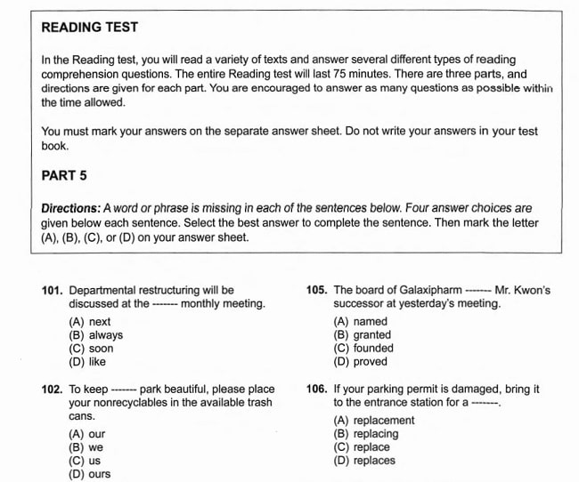 Part 5 trong sách ETS TOEIC 2020