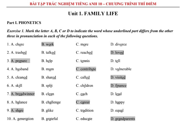 Nội dung trong sách bài tập tiếng Anh 10 chương trình thí điểm Key