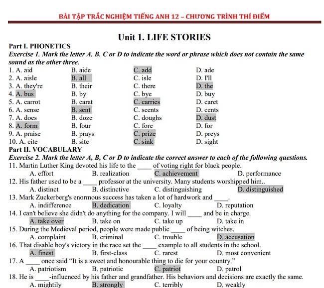 Nội dung trong sách bài tập trắc nghiệm tiếng Anh 12 - Chương trình thí điểm Key